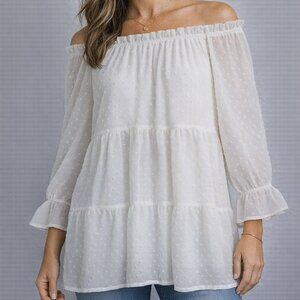 Joefl Women White Off Shoulder Swiss Dot Tiered Dress Tunic Long Sleeve Size M